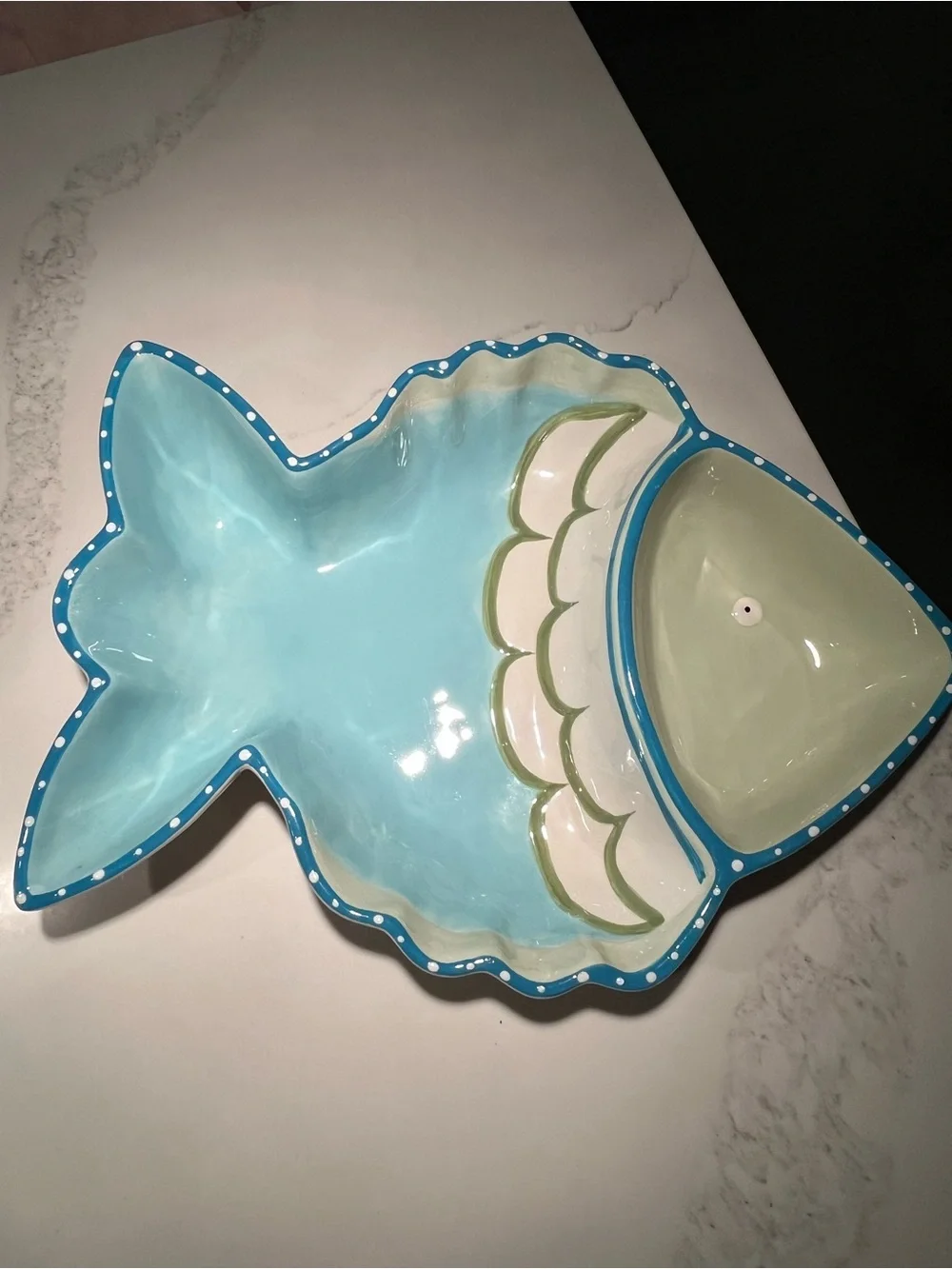 Fabulous green and blue fish serving dish. Hannabells by Johnna Elstob.